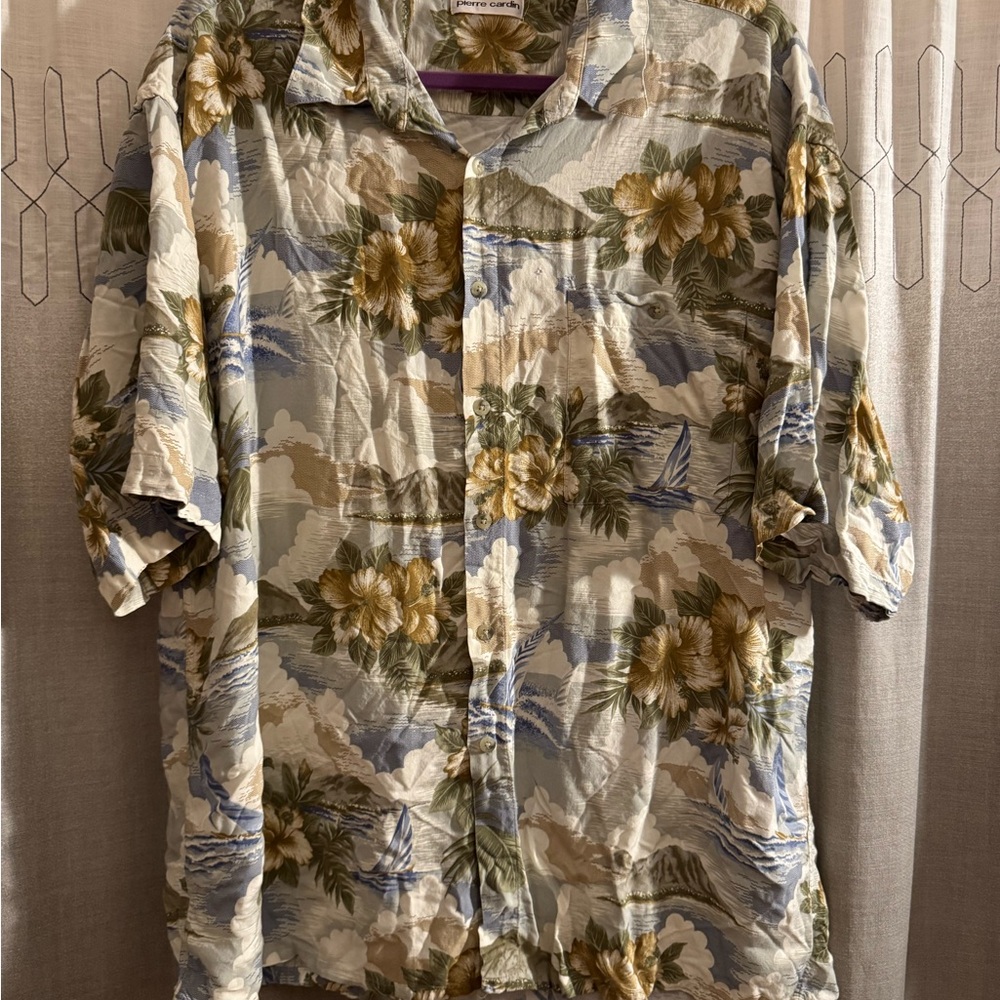 Vintage Pierre Cardin Floral Shirt - Blue,Beige & Green Boats & Floral